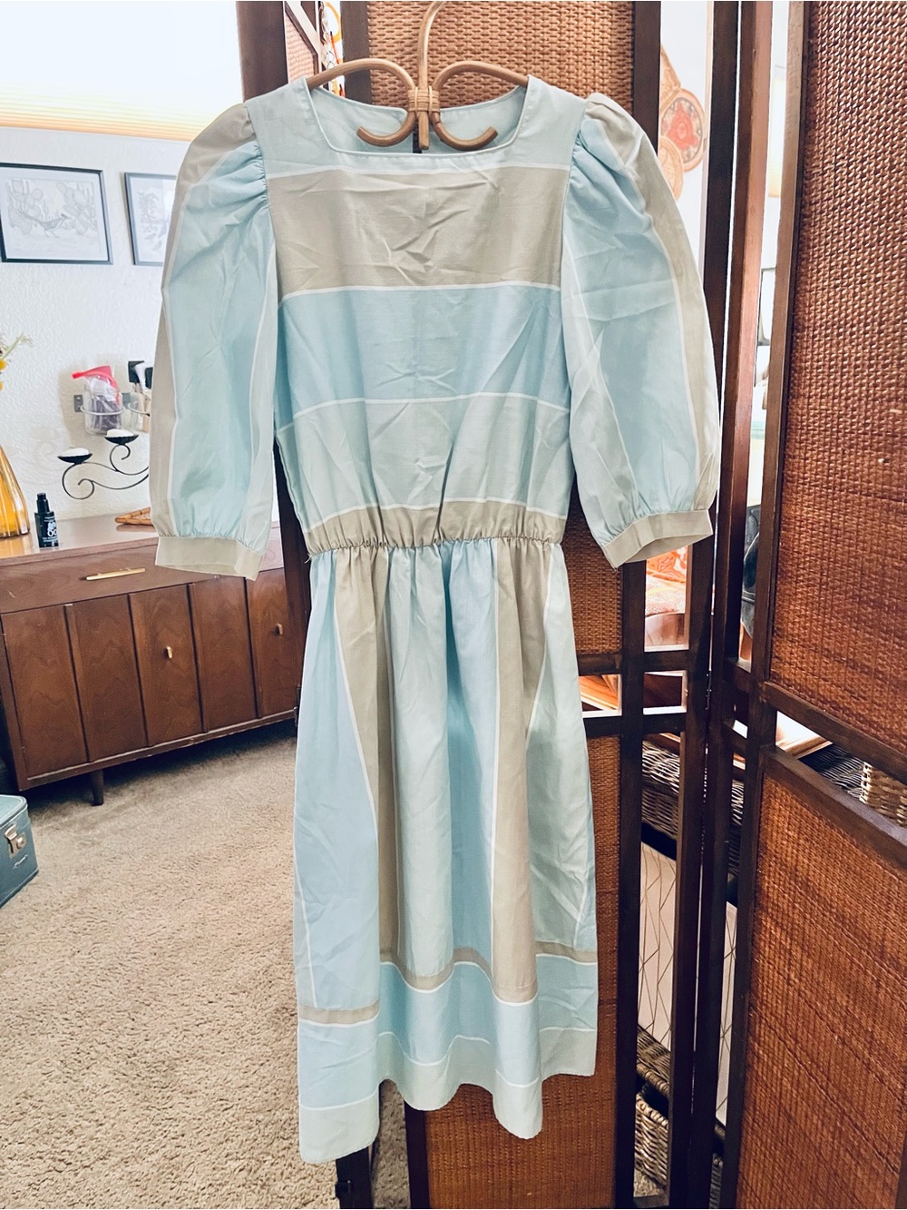 Vintage Light Blue and Cream Midi Dress with Puff Sleeves